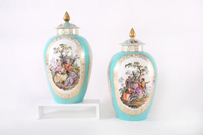 Very Large Pair Gilt Porcelain Covered Decorative Urns Pieces