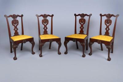 Very Rare Set Of Four Highly Carved Chippendale Mahogany Side Chairs