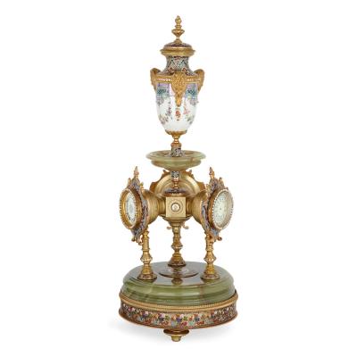 Very fine and rare green onyx porcelain cloisonn enamel ormolu mantel clock