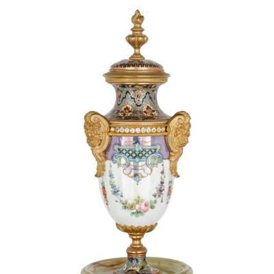 Very fine and rare green onyx porcelain cloisonn enamel ormolu mantel clock