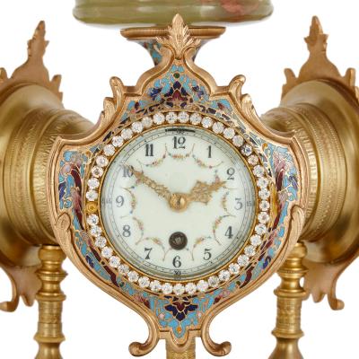 Very fine and rare green onyx porcelain cloisonn enamel ormolu mantel clock