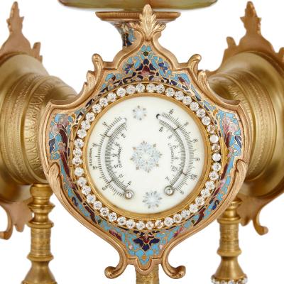 Very fine and rare green onyx porcelain cloisonn enamel ormolu mantel clock