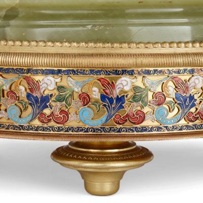 Very fine and rare green onyx porcelain cloisonn enamel ormolu mantel clock