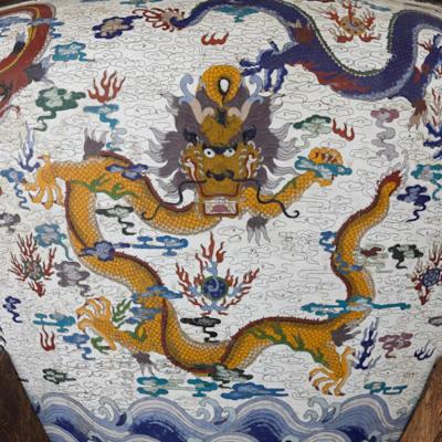 Very large Chinese enamel jardini re on wooden stand