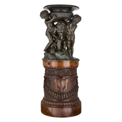 Very large Italian patinated bronze and carved wood sculptural jardini res