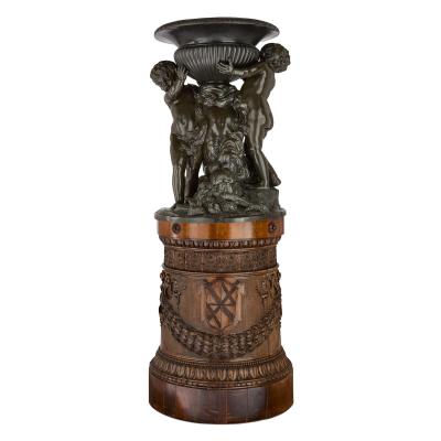 Very large Italian patinated bronze and carved wood sculptural jardini res