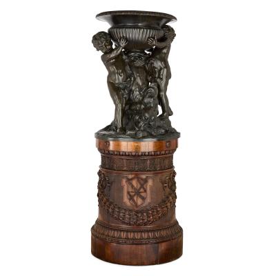 Very large Italian patinated bronze and carved wood sculptural jardini res