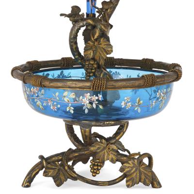 Very large gilt bronze and Bohemian blue enamelled glass centrepiece