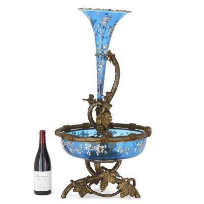 Very large gilt bronze and Bohemian blue enamelled glass centrepiece
