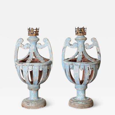 Very rare pair of candlesticks in perforated wood and painted in shades of light