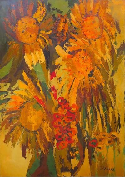 Vibrant XL Abstract Mid Century Modern G Virkala Daisy Sun Flowers Painting