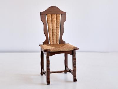 Victor Courtray Set of Six Victor Courtray Attributed Dining Chairs in Oak and Rush 1950s