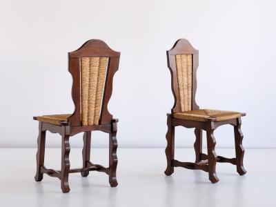 Victor Courtray Set of Six Victor Courtray Attributed Dining Chairs in Oak and Rush 1950s