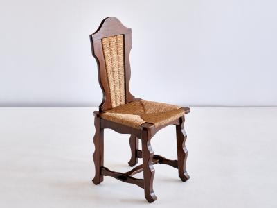 Victor Courtray Set of Six Victor Courtray Attributed Dining Chairs in Oak and Rush 1950s