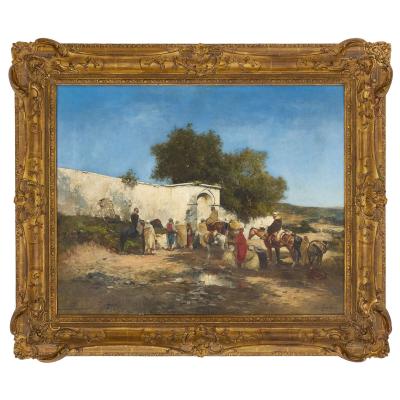 Victor Pierre Huguet Large Orientalist painting of an Arab caravan at a desert well by Huguet