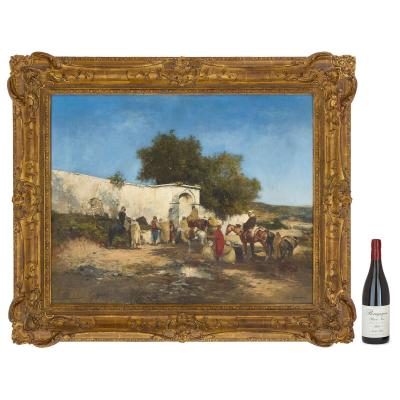 Victor Pierre Huguet Large Orientalist painting of an Arab caravan at a desert well by Huguet