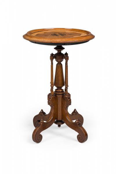 Victorian Circular Carved Wood Plant Stand Side Table with Inlaid Parquetry