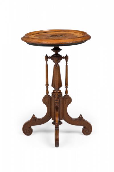 Victorian Circular Carved Wood Plant Stand Side Table with Inlaid Parquetry