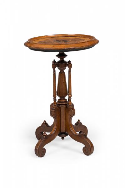 Victorian Circular Carved Wood Plant Stand Side Table with Inlaid Parquetry