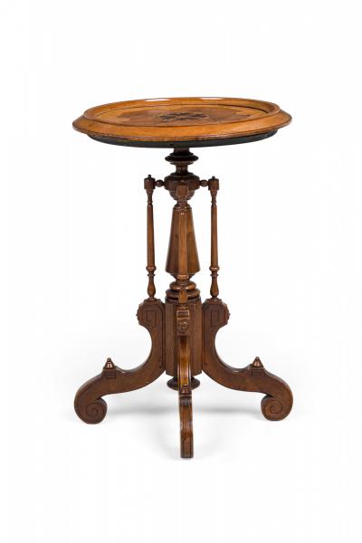 Victorian Circular Carved Wood Plant Stand Side Table with Inlaid Parquetry