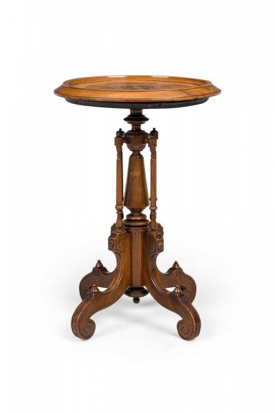 Victorian Circular Carved Wood Plant Stand Side Table with Inlaid Parquetry