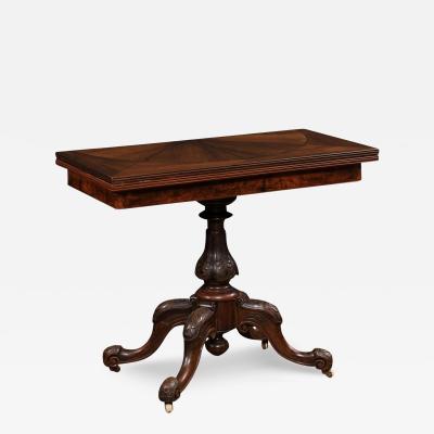 Victorian English Walnut and Mahogany Fold Over Game Table with Bookmatched Top