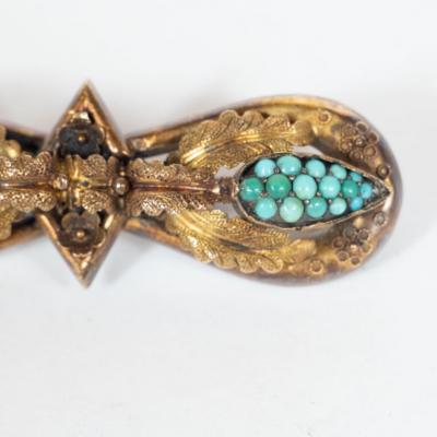 Victorian Hourglass Form 14 Karat Gold Filigreed Brooch with Inlaid Turquoise