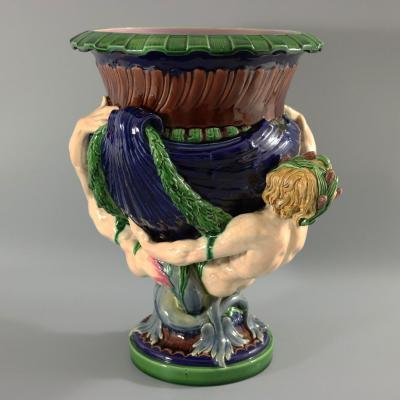 Victorian Minton Majolica Marine Mermen Jardiniere Pink Interior