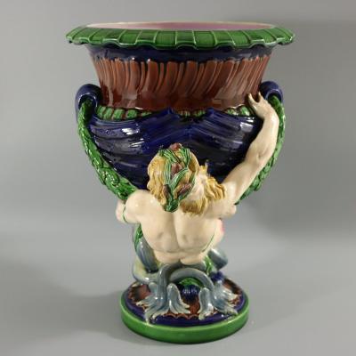 Victorian Minton Majolica Marine Mermen Jardiniere Pink Interior