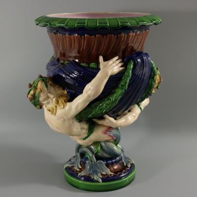 Victorian Minton Majolica Marine Mermen Jardiniere Pink Interior
