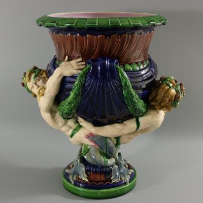 Victorian Minton Majolica Marine Mermen Jardiniere Pink Interior