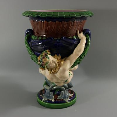 Victorian Minton Majolica Marine Mermen Jardiniere Pink Interior