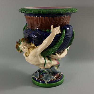 Victorian Minton Majolica Marine Mermen Jardiniere Pink Interior