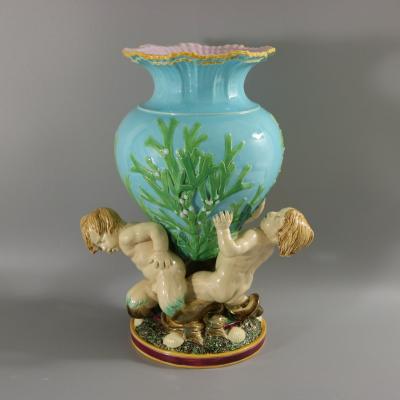 Victorian Minton Majolica Marine Vase with Merboys