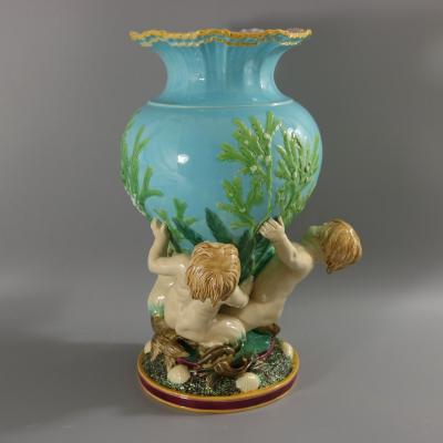 Victorian Minton Majolica Marine Vase with Merboys