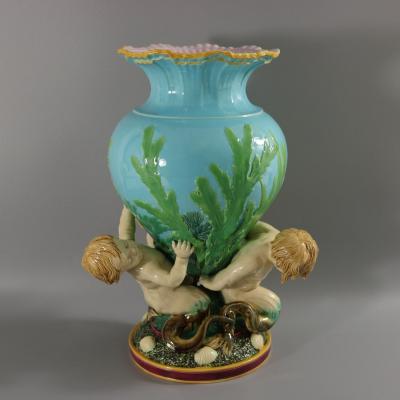 Victorian Minton Majolica Marine Vase with Merboys