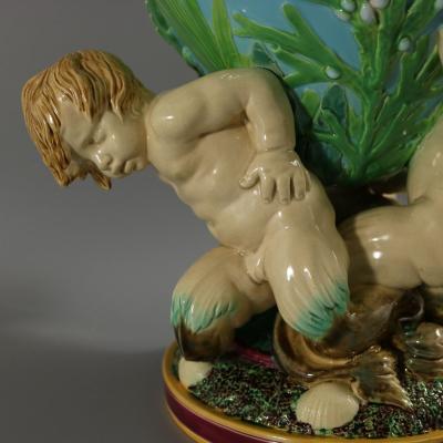 Victorian Minton Majolica Marine Vase with Merboys