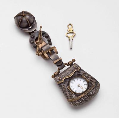 Victorian Niello WatchKey wound watch with equestrian style case and chatelaine