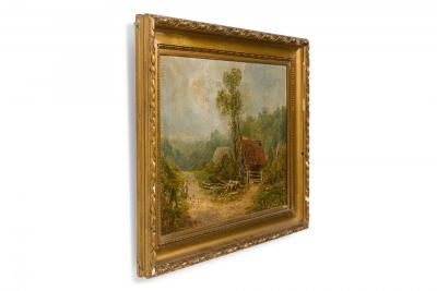 Victorian Oil Painting of Figures by Red Roofed House