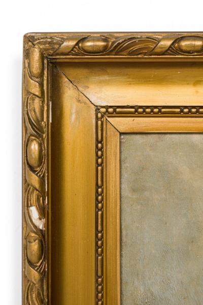 Victorian Oil Painting of Figures by Red Roofed House