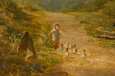 Victorian Oil Painting of Figures by Red Roofed House