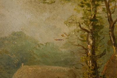 Victorian Oil Painting of Figures by Red Roofed House