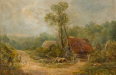 Victorian Oil Painting of Figures by Red Roofed House