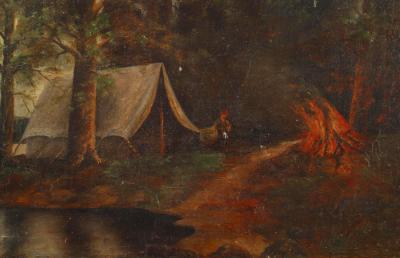 Victorian Oil Painting of Man Camping