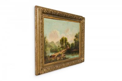 Victorian Oil Painting of Man with Cows Dog