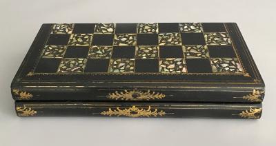 Victorian Papier Mache Mother of Pearl Chess and Backgammon Games Box