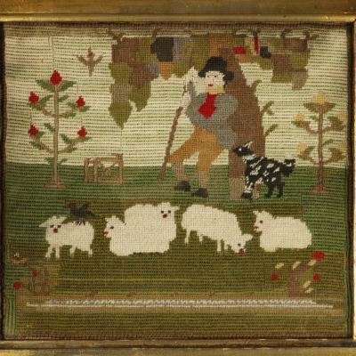 Victorian Petit Point Embroidery of a Shepherd with Sheep
