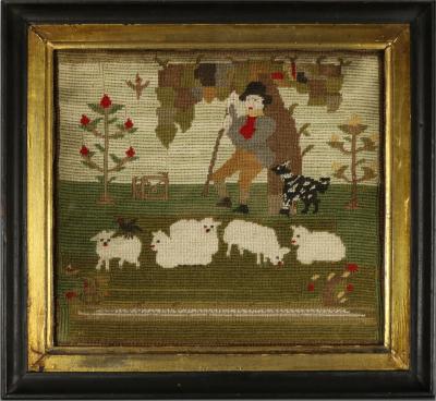 Victorian Petit Point Embroidery of a Shepherd with Sheep
