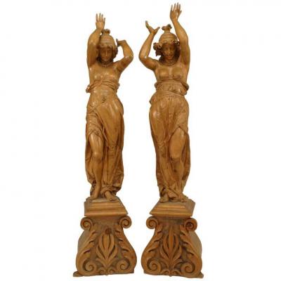 Victorian Pine Draped Female Figures