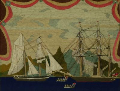 Victorian Sailors Woolwork Picture of Ships and Rowing Boats